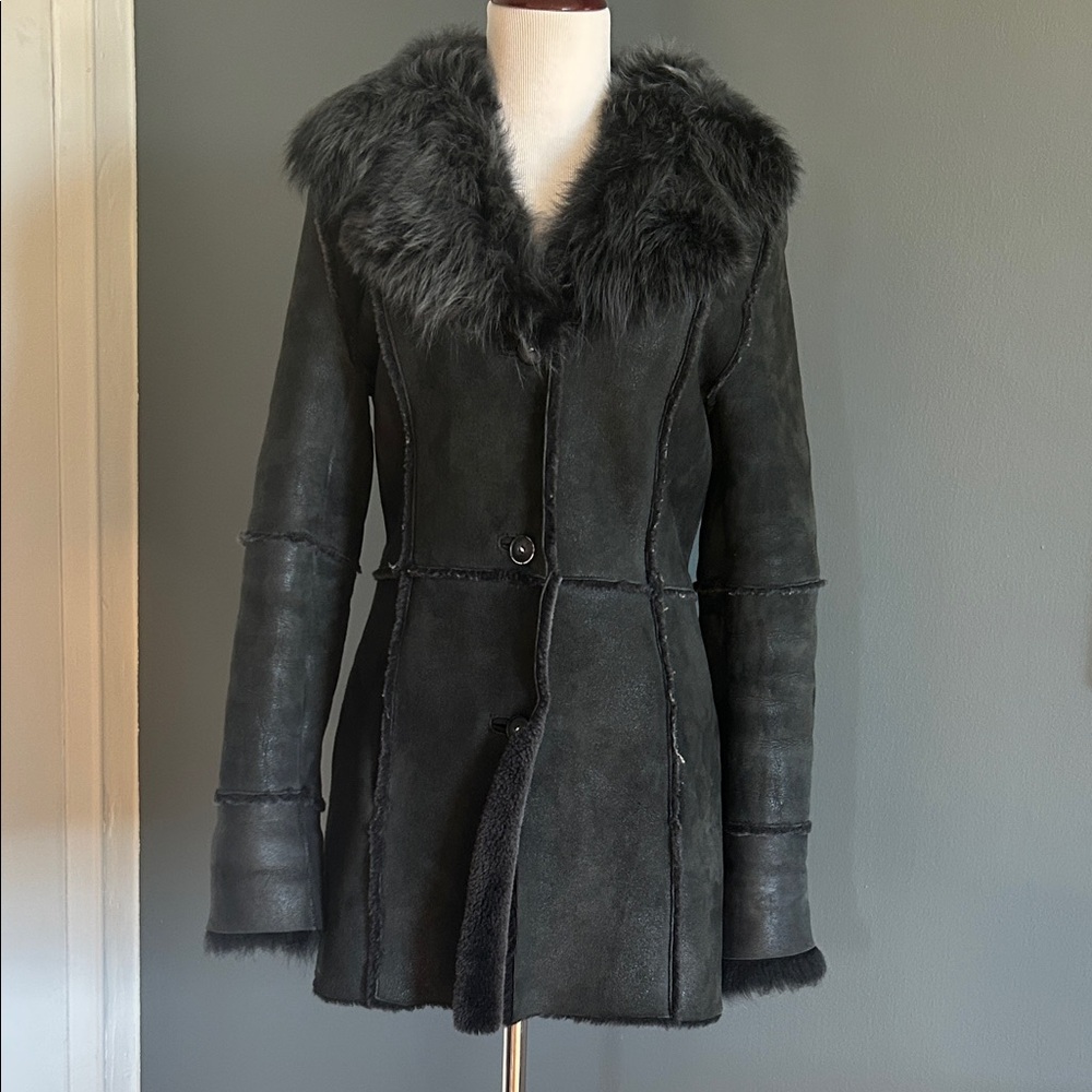 Alexander Julian thick shearling dark grey luxe coat